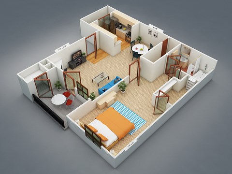 Floor plan for 1 bed, 1 bath, 653 sqft