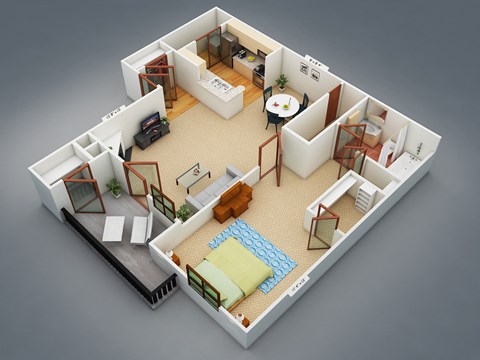 Floor plan for 1 bed, 1 bath, 730 sqft