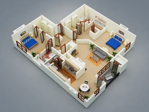 Floor plan for 2 beds, 2 baths, 1235 sqft