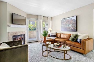Littleton apartment for rent - A living room with a brown couch, a fireplace, and a painting on the wall.