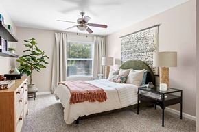 Littleton apartment for rent - A bedroom with a bed, a ceiling fan, and a window with a view of trees.