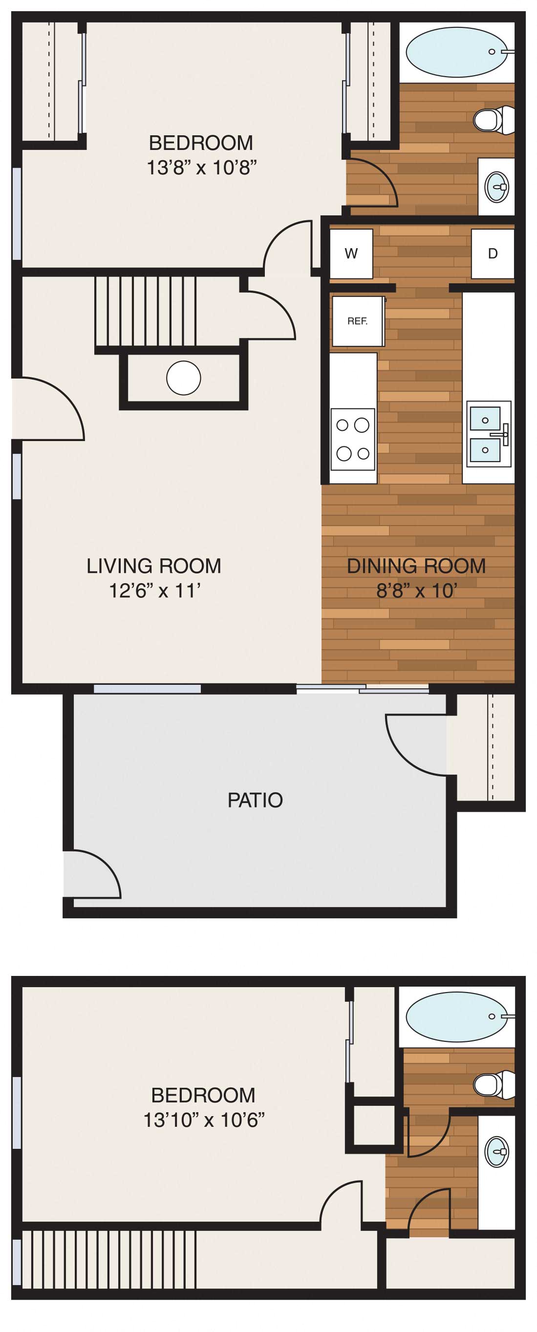 Floor plan for 2 beds, 2 baths, 1000 sqft