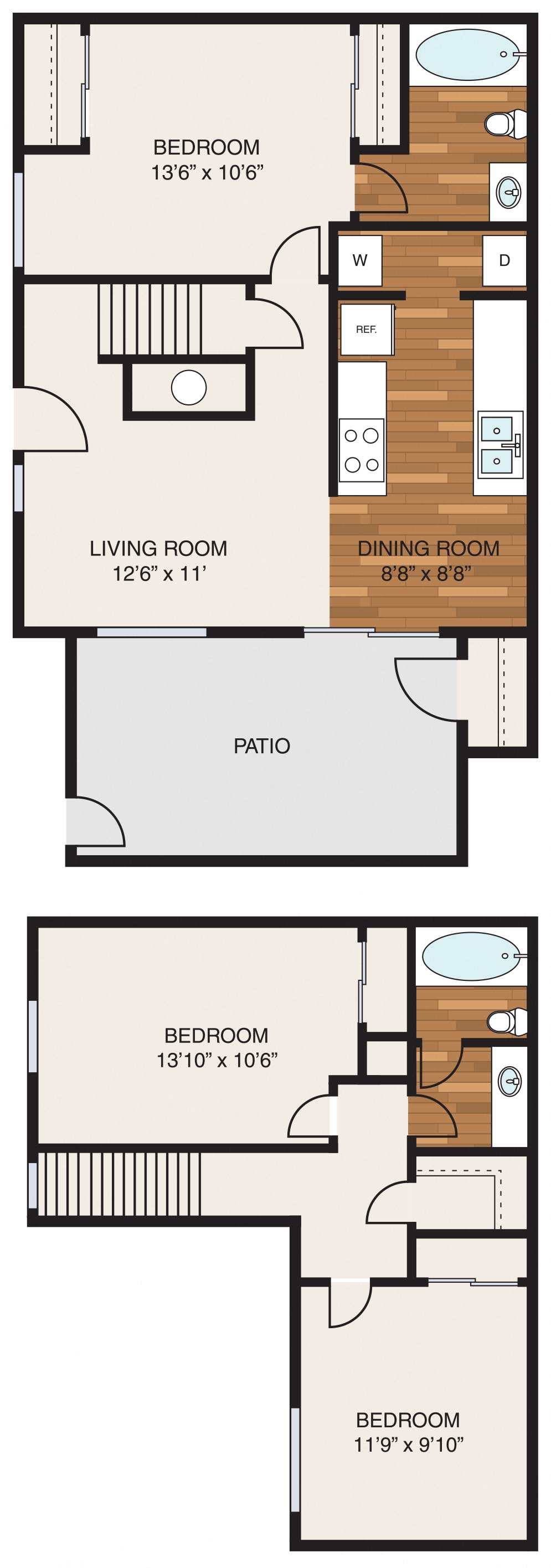 Floor plan for 3 beds, 2 baths, 1155 sqft