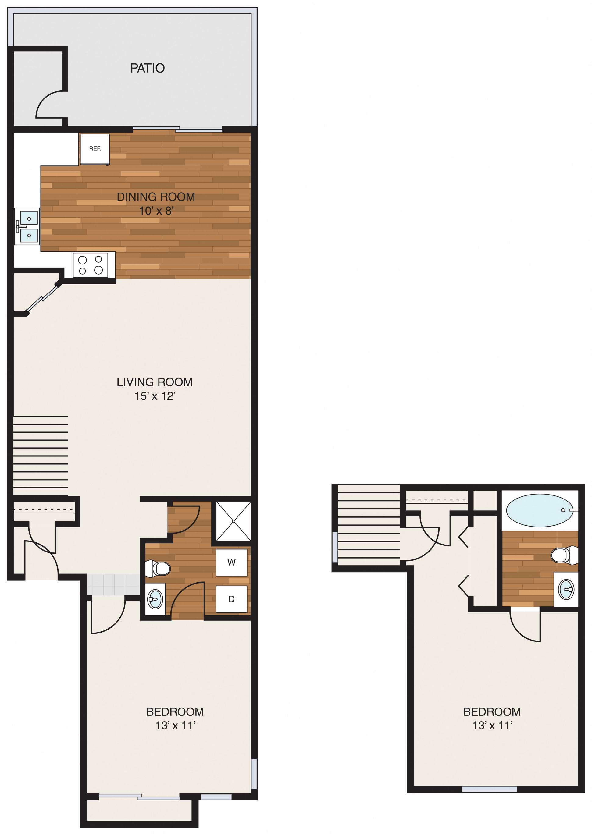 Floor plan for 2 beds, 2 baths, 1024 sqft