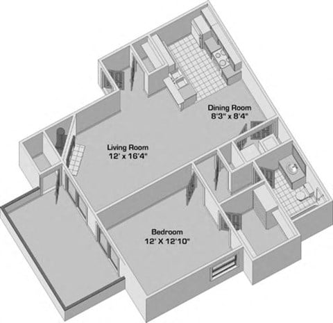 Floor plan for 1 bed, 1 bath, 732 sqft