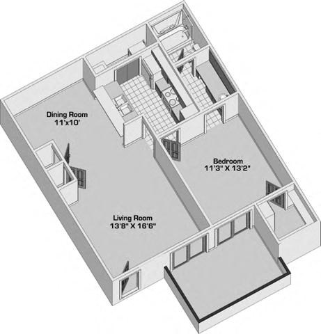 Floor plan for 1 bed, 1 bath, 755 sqft