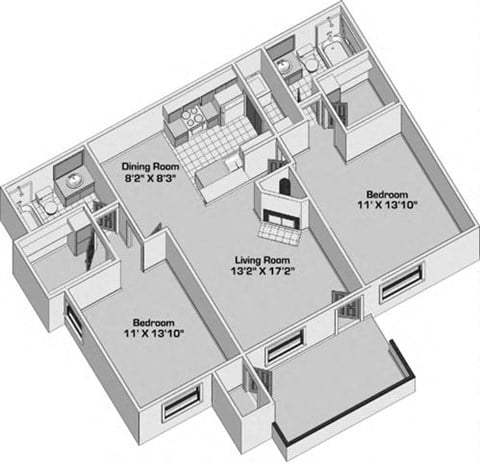 Floor plan for 2 beds, 2 baths, 1018 sqft
