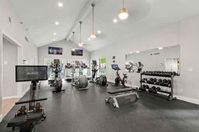 Dallas apartment for rent - a gym with cardio equipment and weights on the floor