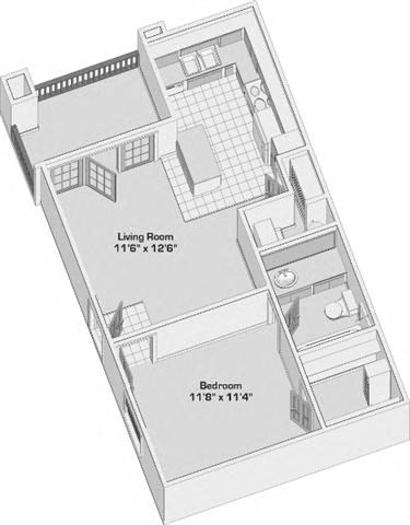Floor plan for 1 bed, 1 bath, 480 sqft