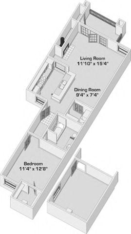 Floor plan for 1 bed, 1 bath, 731 sqft