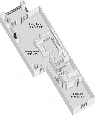 Floor plan for 1 bed, 1 bath, 775 sqft