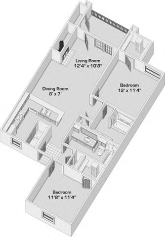 Floor plan for 2 beds, 2 baths, 922 sqft