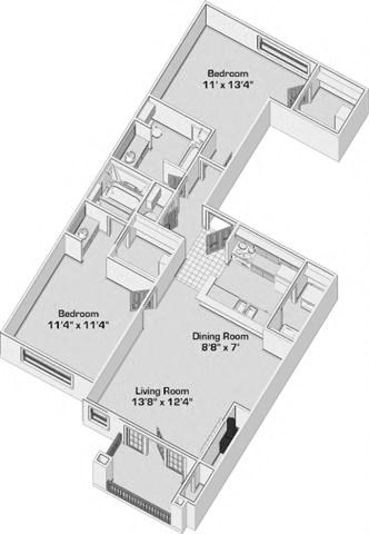 Floor plan for 2 beds, 2 baths, 993 sqft