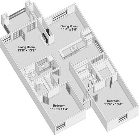 Floor plan for 2 beds, 2 baths, 1101 sqft