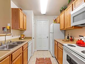 Plano apartment for rent - a kitchen with a sink and a refrigerator