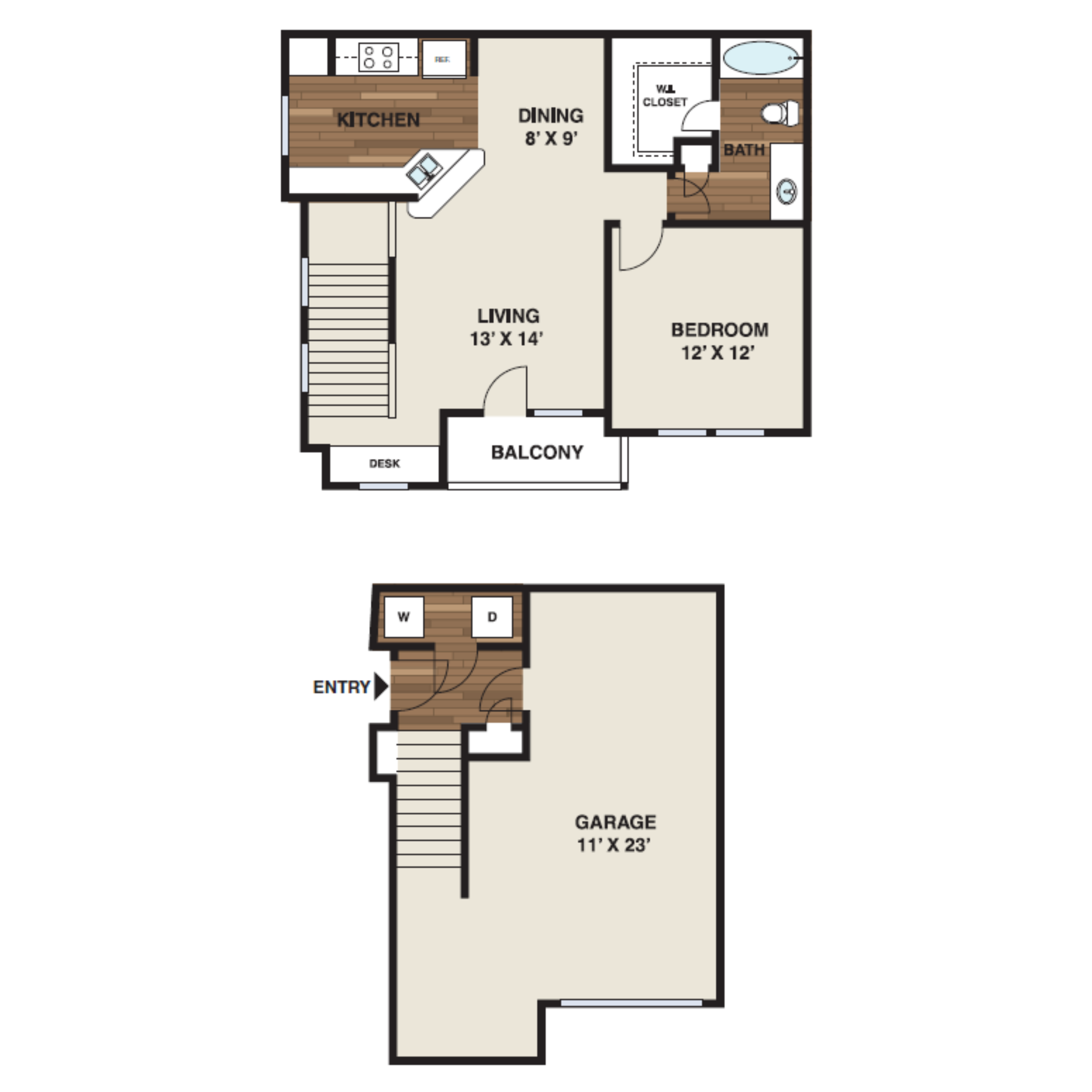 Floor plan for 1 bed, 1 bath, 938 sqft
