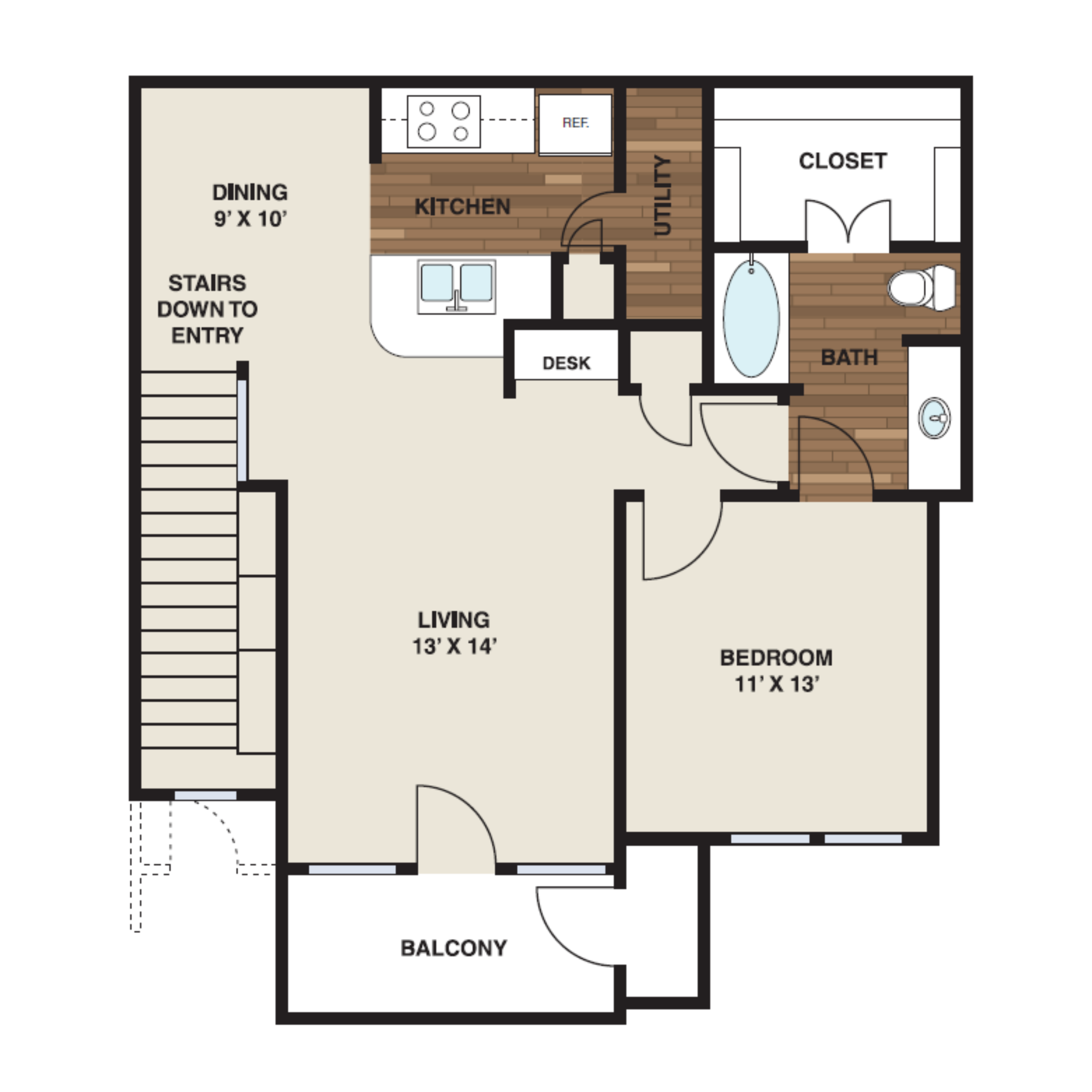 Floor plan for 1 bed, 1 bath, 882 sqft