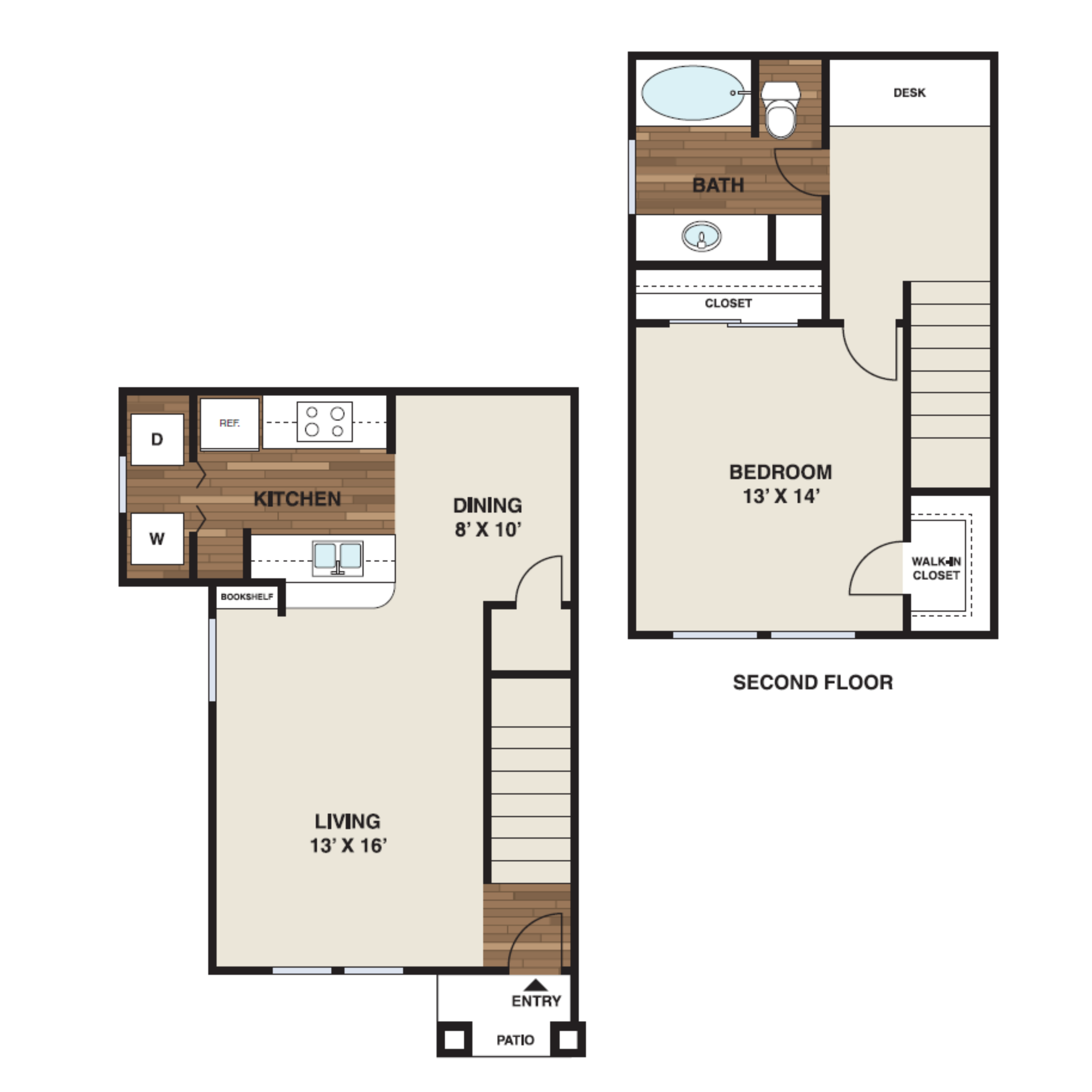 Floor plan for 1 bed, 1 bath, 895 sqft