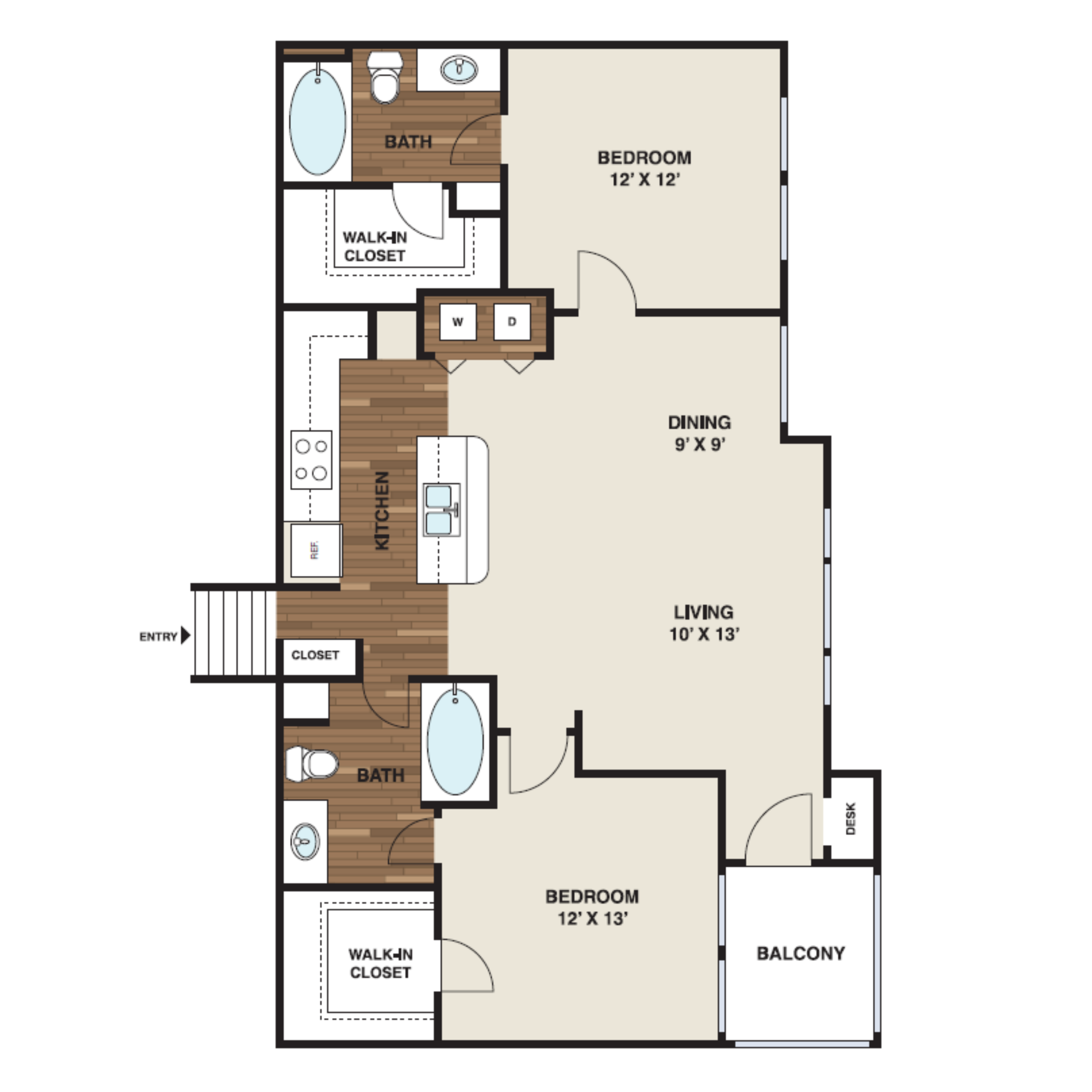 Floor plan for 2 beds, 2 baths, 1207 sqft