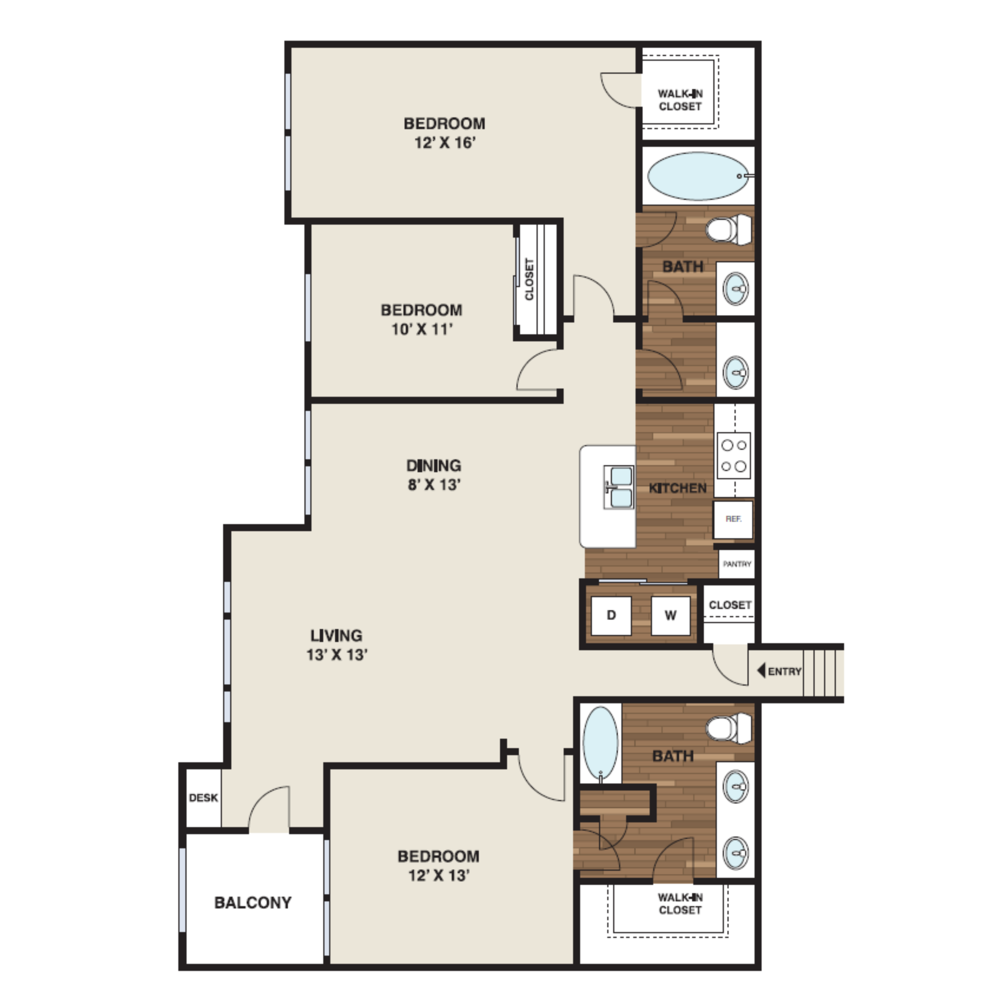 Floor plan for 3 beds, 2 baths, 1582 sqft