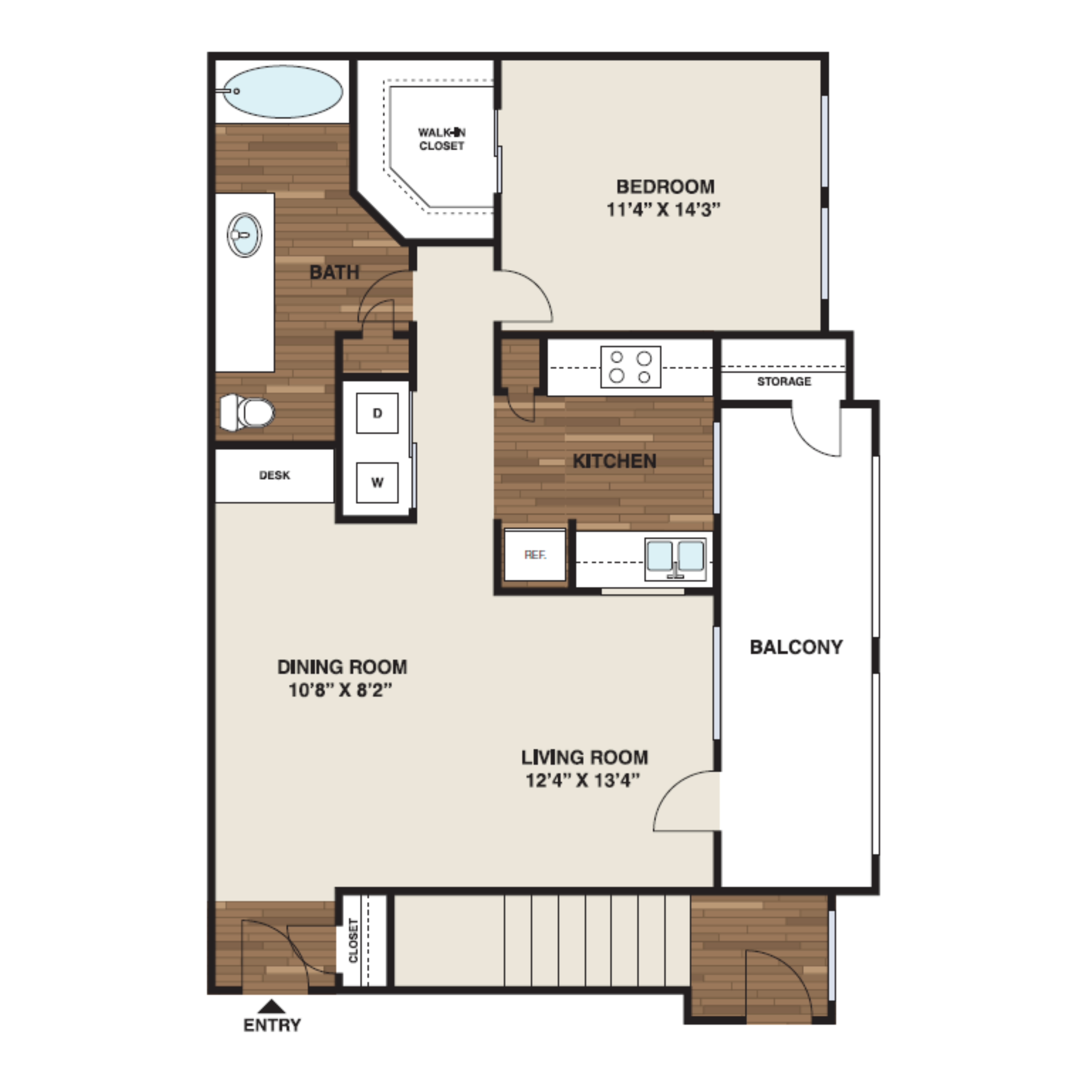 Floor plan for 1 bed, 1 bath, 825 sqft