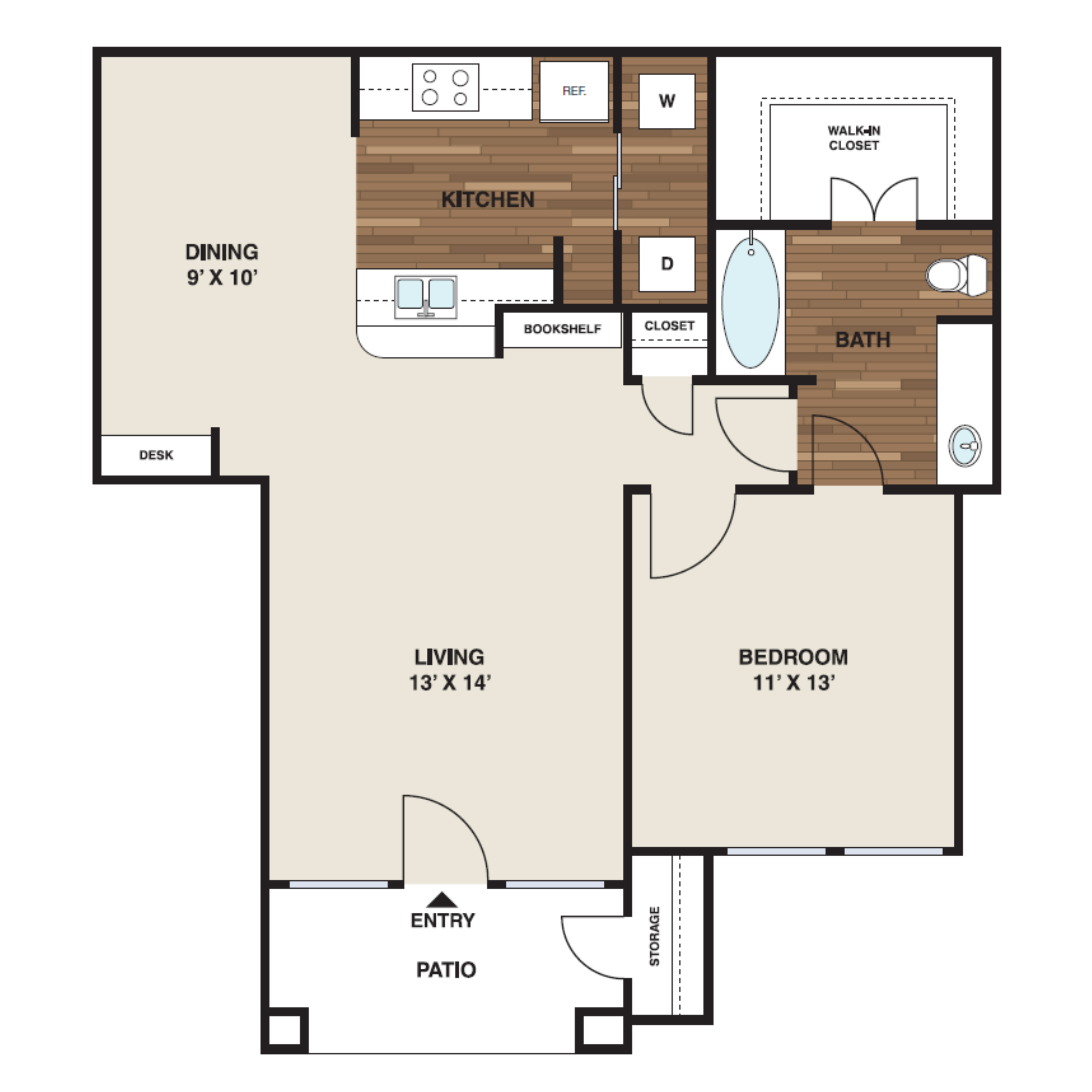 Floor plan for 1 bed, 1 bath, 794 sqft