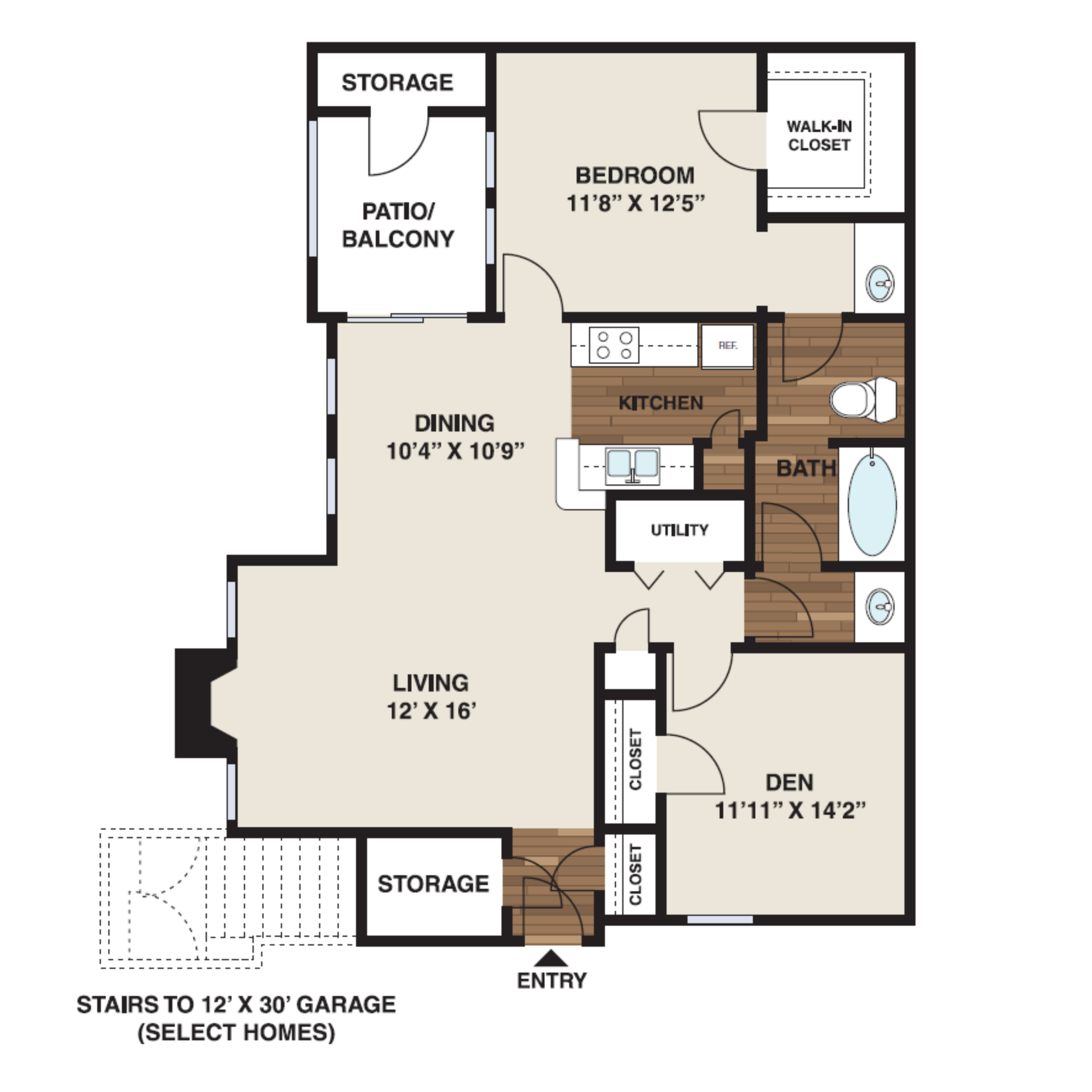 Floor plan for 1 bed, 1 bath, 953 sqft