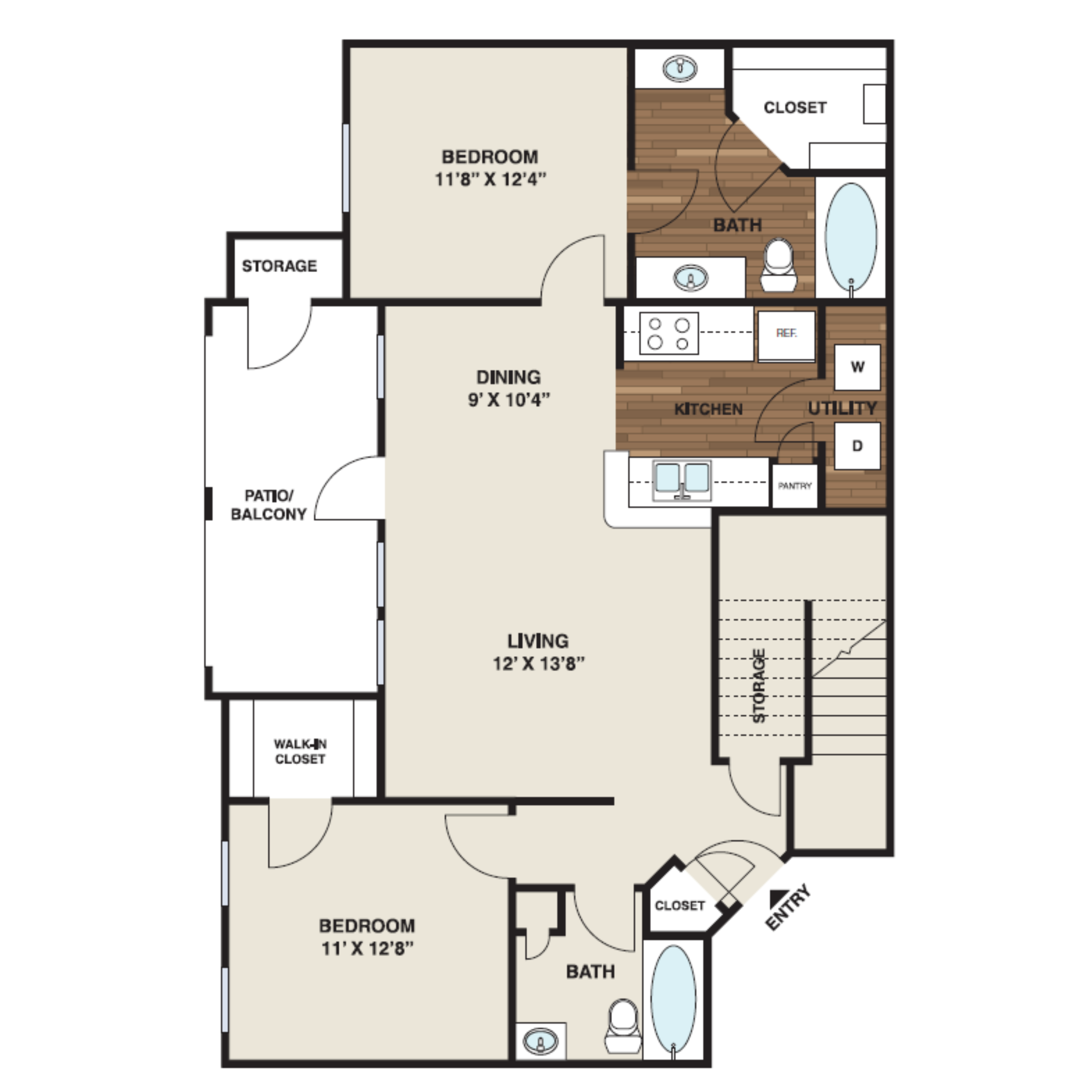 Floor plan for 2 beds, 2 baths, 959 sqft
