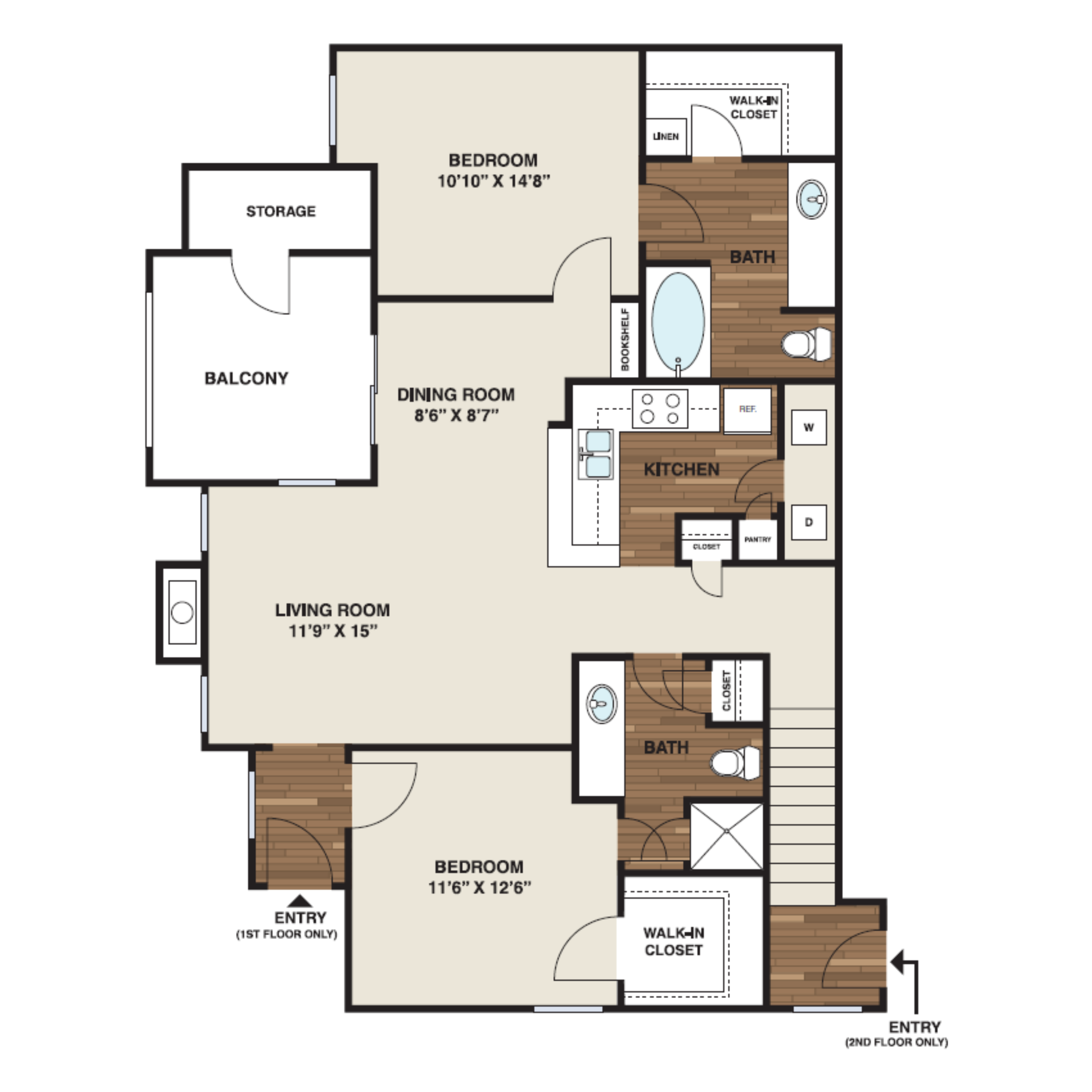 Floor plan for 2 beds, 2 baths, 1083 sqft