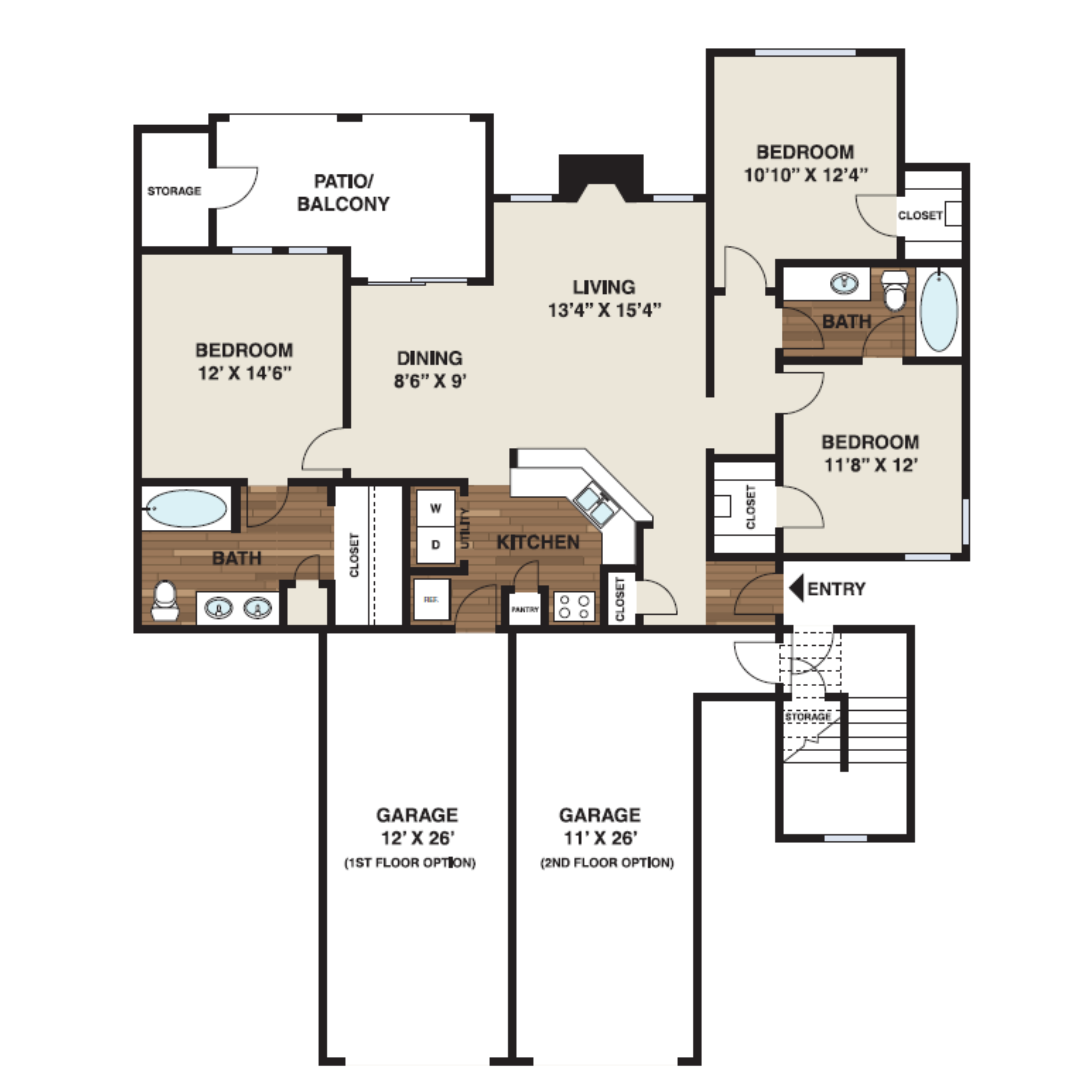 Floor plan for 3 beds, 2 baths, 1322 sqft