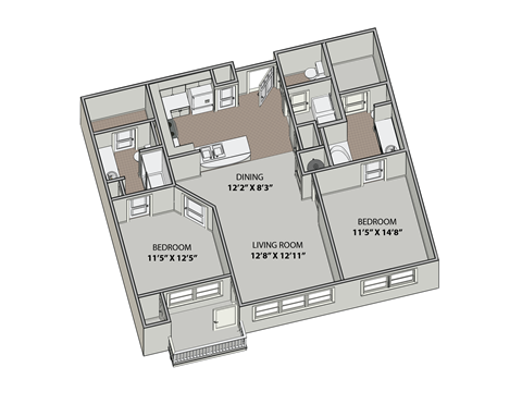 Floor plan for 2 beds, 2.5 baths, 1107 sqft