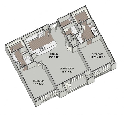 Floor plan for 2 beds, 2.5 baths, 1591 sqft
