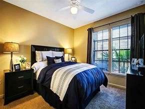 Tampa apartment for rent - a bedroom with a bed and a ceiling fan
