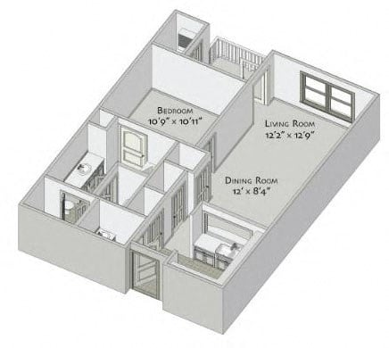 Floor plan for 1 bed, 1.5 baths, 701 sqft
