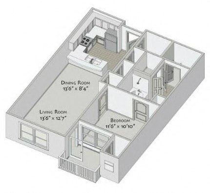 Floor plan for 1 bed, 1.5 baths, 766 sqft
