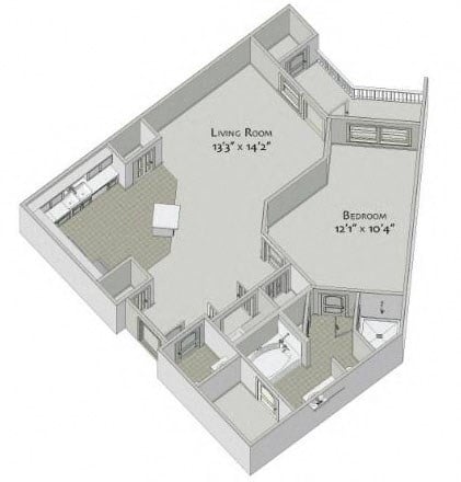 Floor plan for 1 bed, 1.5 baths, 825 sqft