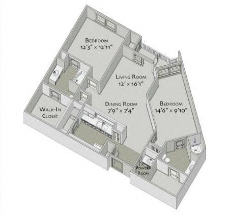 Floor plan for 2 beds, 2.5 baths, 1117 sqft