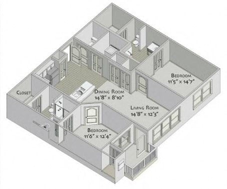 Floor plan for 2 beds, 2.5 baths, 1171 sqft