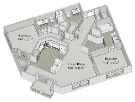Floor plan for 2 beds, 2.5 baths, 1191 sqft