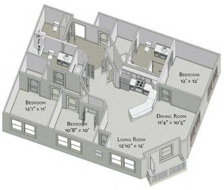 Floor plan for 3 beds, 2.5 baths, 1352 sqft