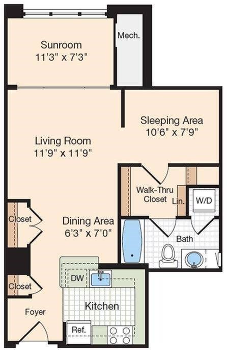 Floor plan for studio, 1 bath, 691 sqft