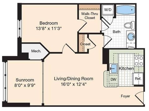 Floor plan for 1 bed, 1 bath, 772 sqft