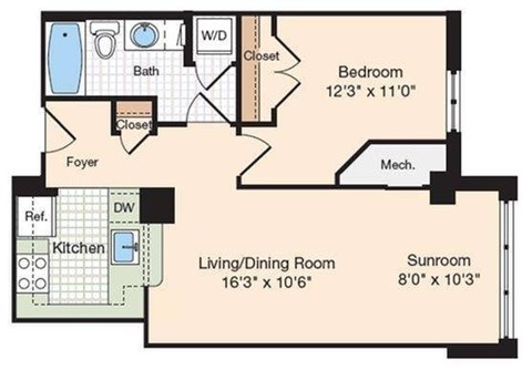 Floor plan for 1 bed, 1 bath, 696 sqft