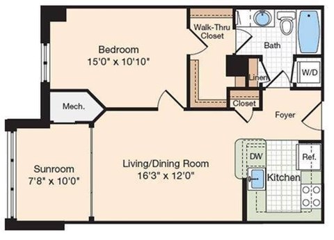 Floor plan for 1 bed, 1 bath, 765 sqft