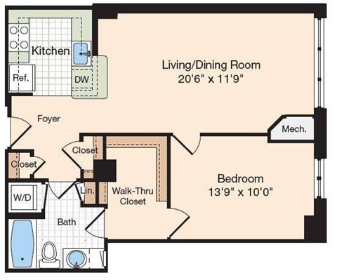 Floor plan for 1 bed, 1 bath, 735 sqft