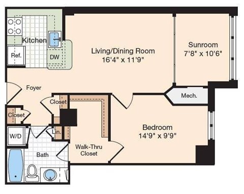 Floor plan for 1 bed, 1 bath, 770 sqft