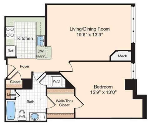 Floor plan for 1 bed, 1 bath, 838 sqft