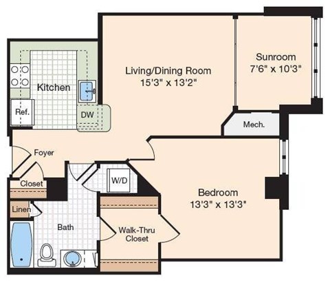 Floor plan for 1 bed, 1 bath, 880 sqft