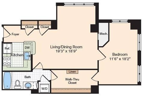 Floor plan for 1 bed, 1 bath, 889 sqft