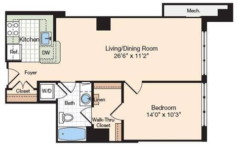 Floor plan for 1 bed, 1 bath, 790 sqft